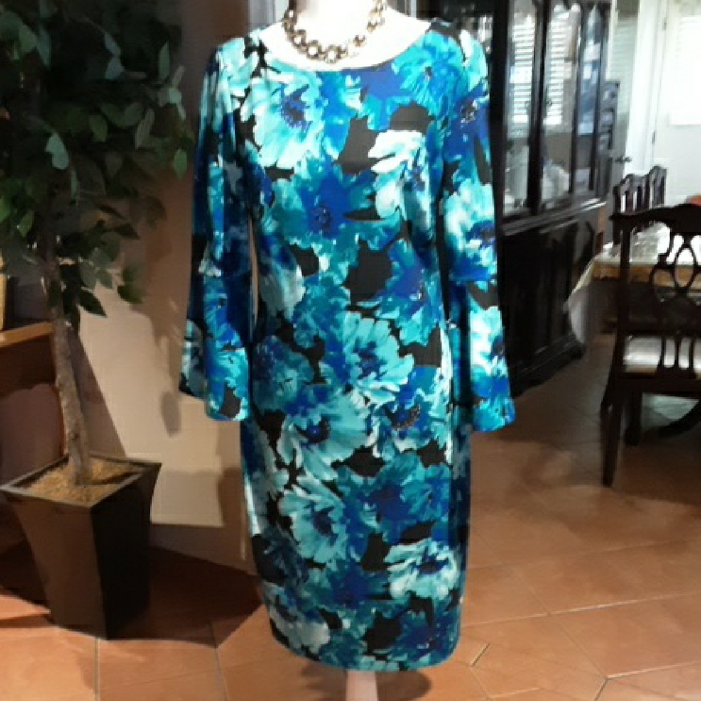 Calvin Klein Blue and Black Floral Long Sleeve Dress
